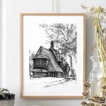 Drewniany kościółek - widok od tyłu. Grafika art. print.