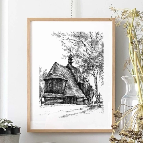 Drewniany kościółek – widok od tyłu – grafika art print