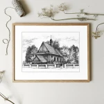 Drewniany kościółek - Walencinek. Grafika art.print.