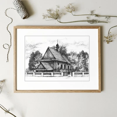 Drewniany kościółek - Walencinek. Grafika art.print.