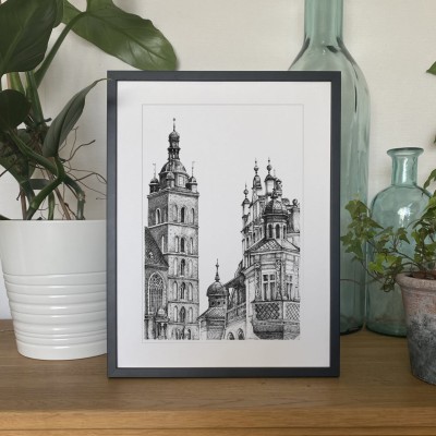 Kraków - Kościół Mariacki - grafika czarno-biała