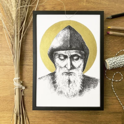 Św. Charbel.  Grafika art. print w oprawie.