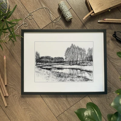 Pejzaż nad wodą. Grafika art. print.