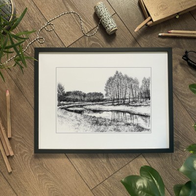 Pejzaż. Odbicie w wodzie. Grafika art. print w oprawie.