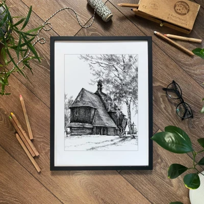 Drewniany kościółek. Grafika art. print w oprawie.