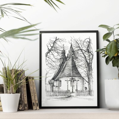Kościół  Świętego Krzyża w Żywcu. Grafika art print.